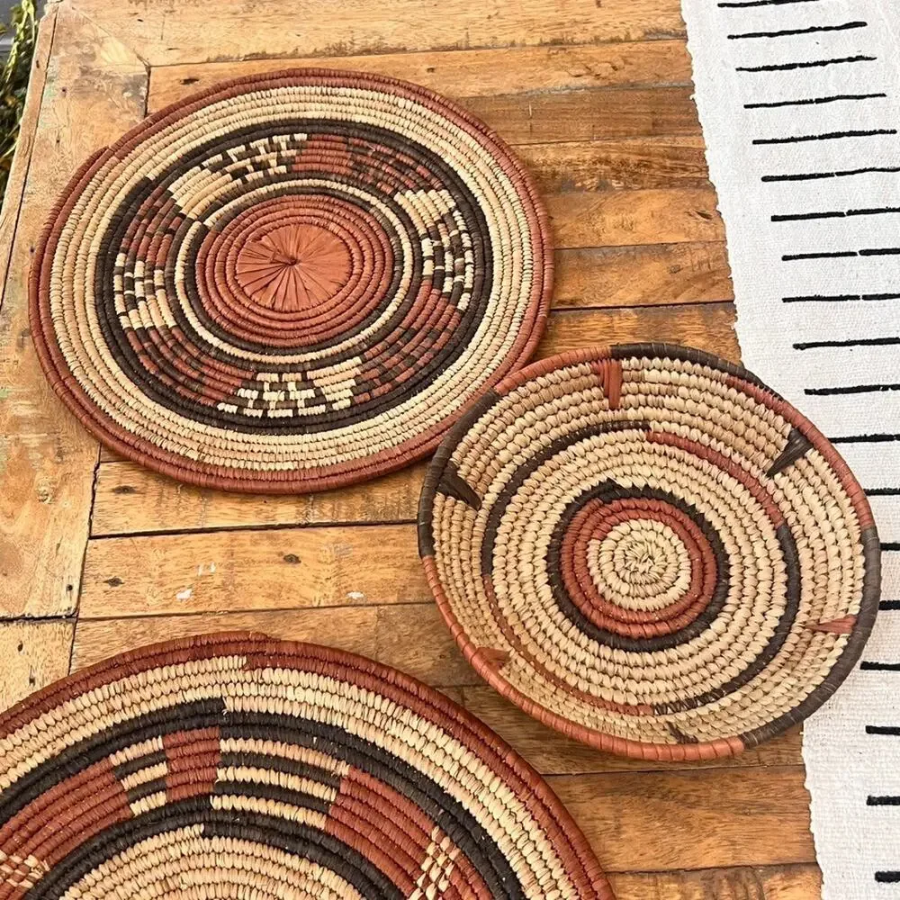 Set Of 3 African Fulani Mbeedu Rounded Flat Bowl Woven Baskets Boho